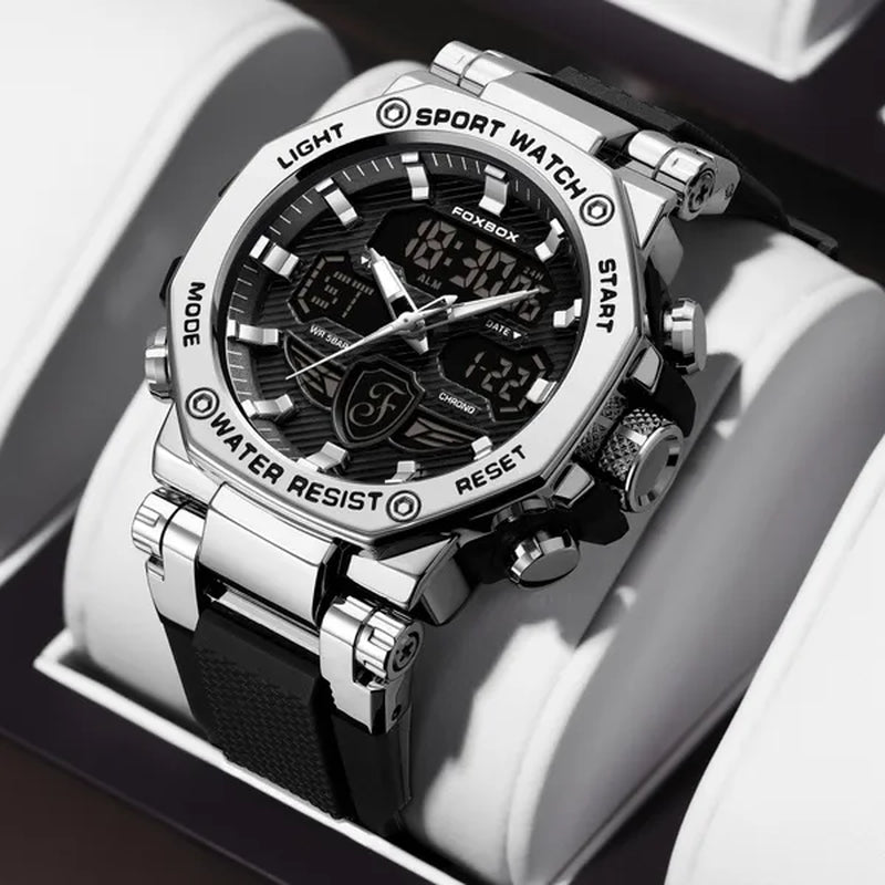 FOXBOX Men'S Business Watch Fashion Top Brand Luxury Creative Design Stainless Steel Quartz Watch Waterproof Chronograph Watch